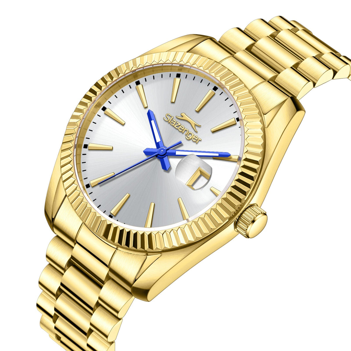 Slazenger Classic Day Date gold watch angled view showing case, bezel, and bracelet