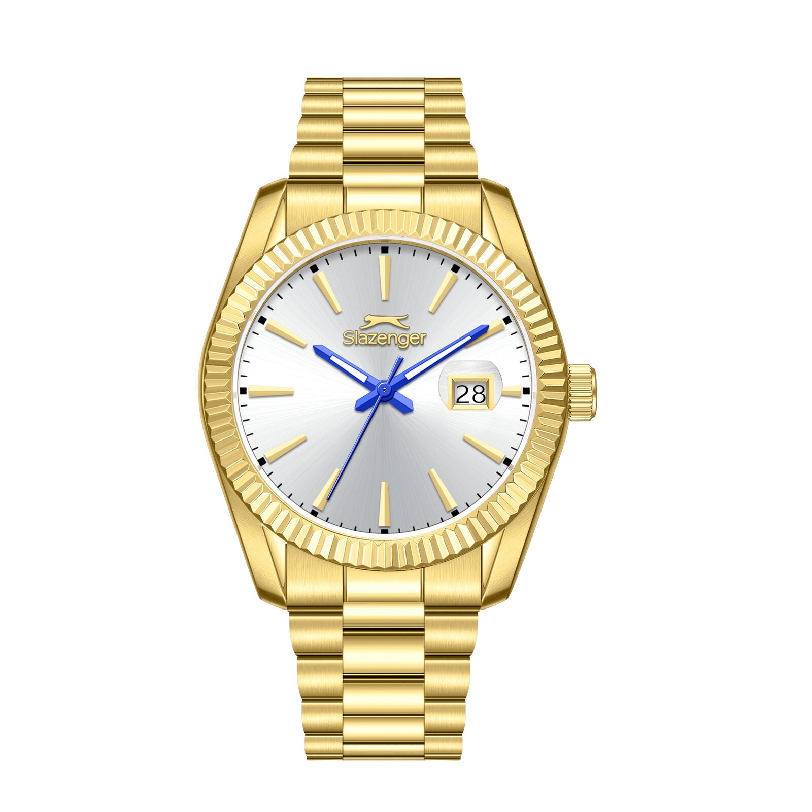 Slazenger Classic Day Date gold watch with silver sunray dial and date window