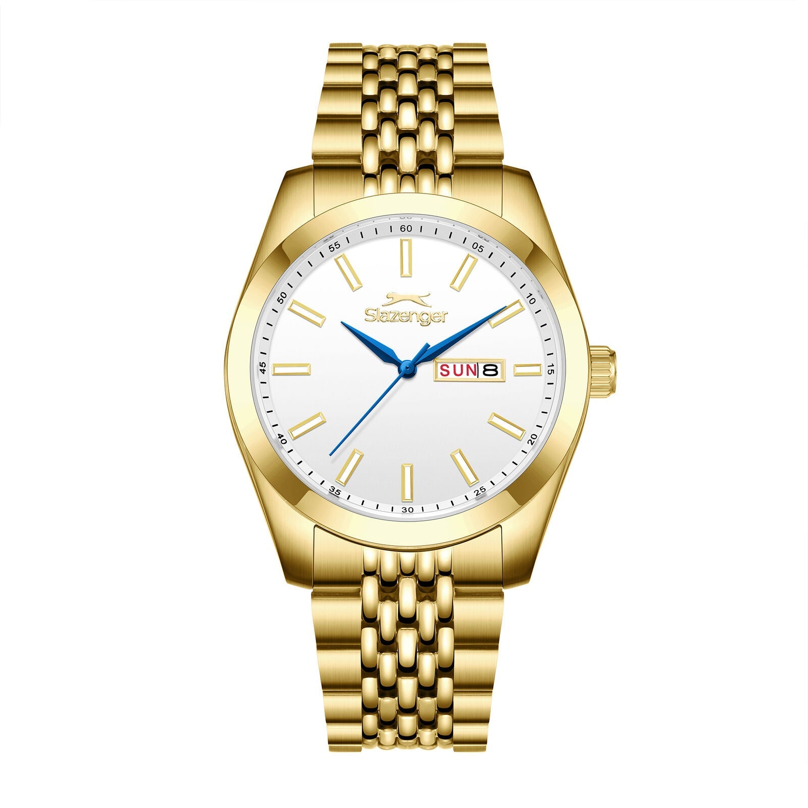 Slazenger Classic gold watch with white dial, day-date window, and gold bracelet