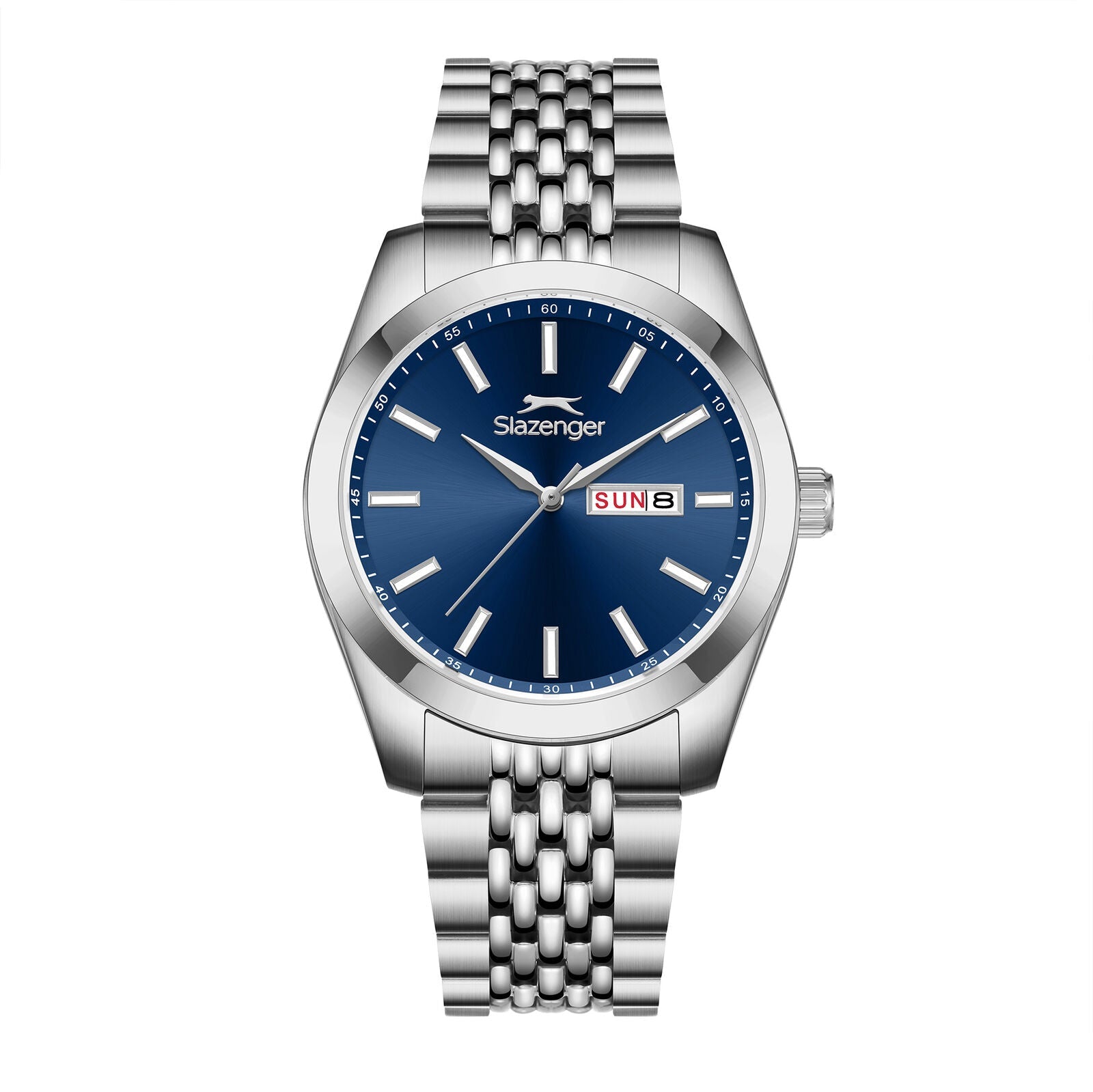 Slazenger Classic watch with blue dial, day-date window, and silver bracelet strap