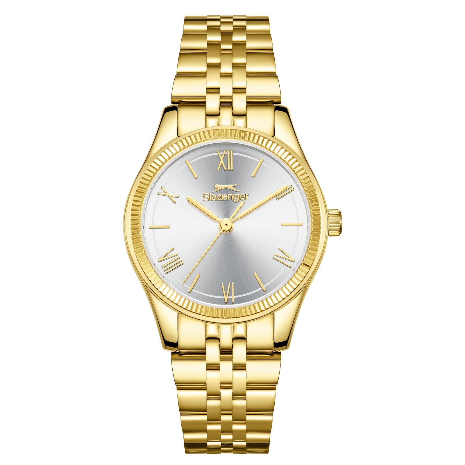 Slazenger Classic Fashion gold watch with silver dial and Roman numerals, front view
