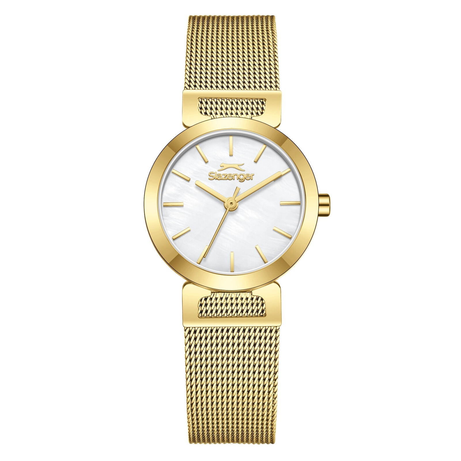 Slazenger Classic gold watch with white dial and mesh strap front view