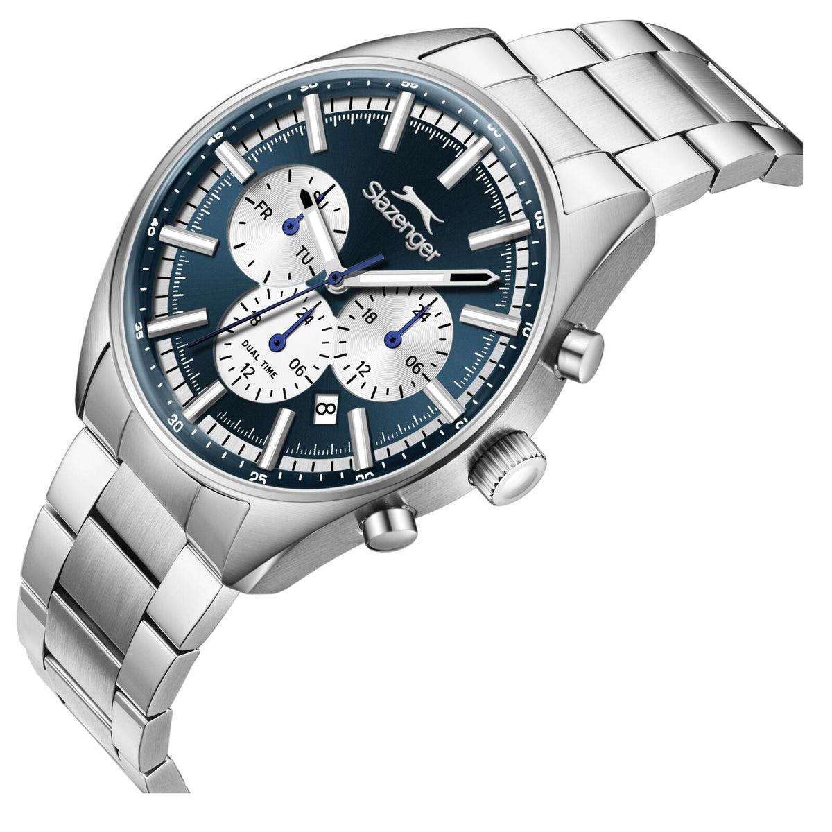 Slazenger watch angled view showing chronograph subdials and silver metal bracelet