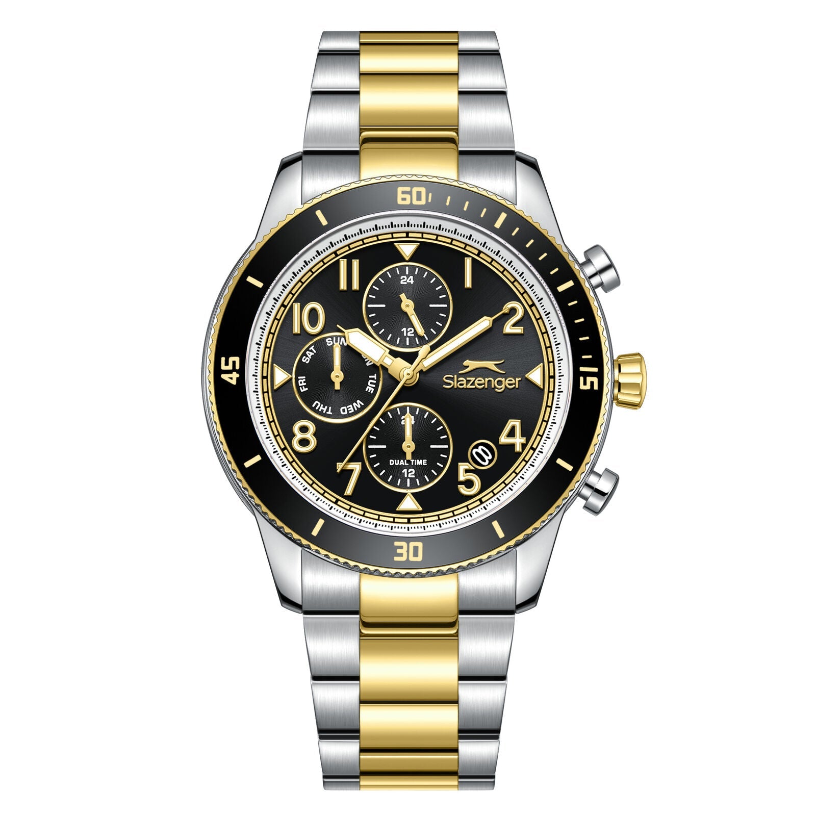 Slazenger dual time multifunction watch with black dial, two-tone silver and gold case and bracelet, multiple subdials