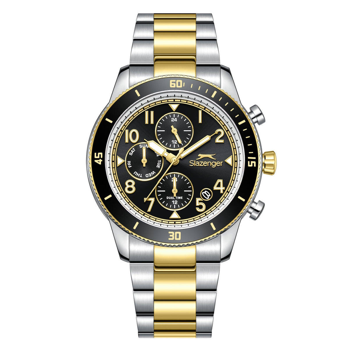 Slazenger dual time multifunction watch with black dial, two-tone silver and gold case and bracelet, multiple subdials