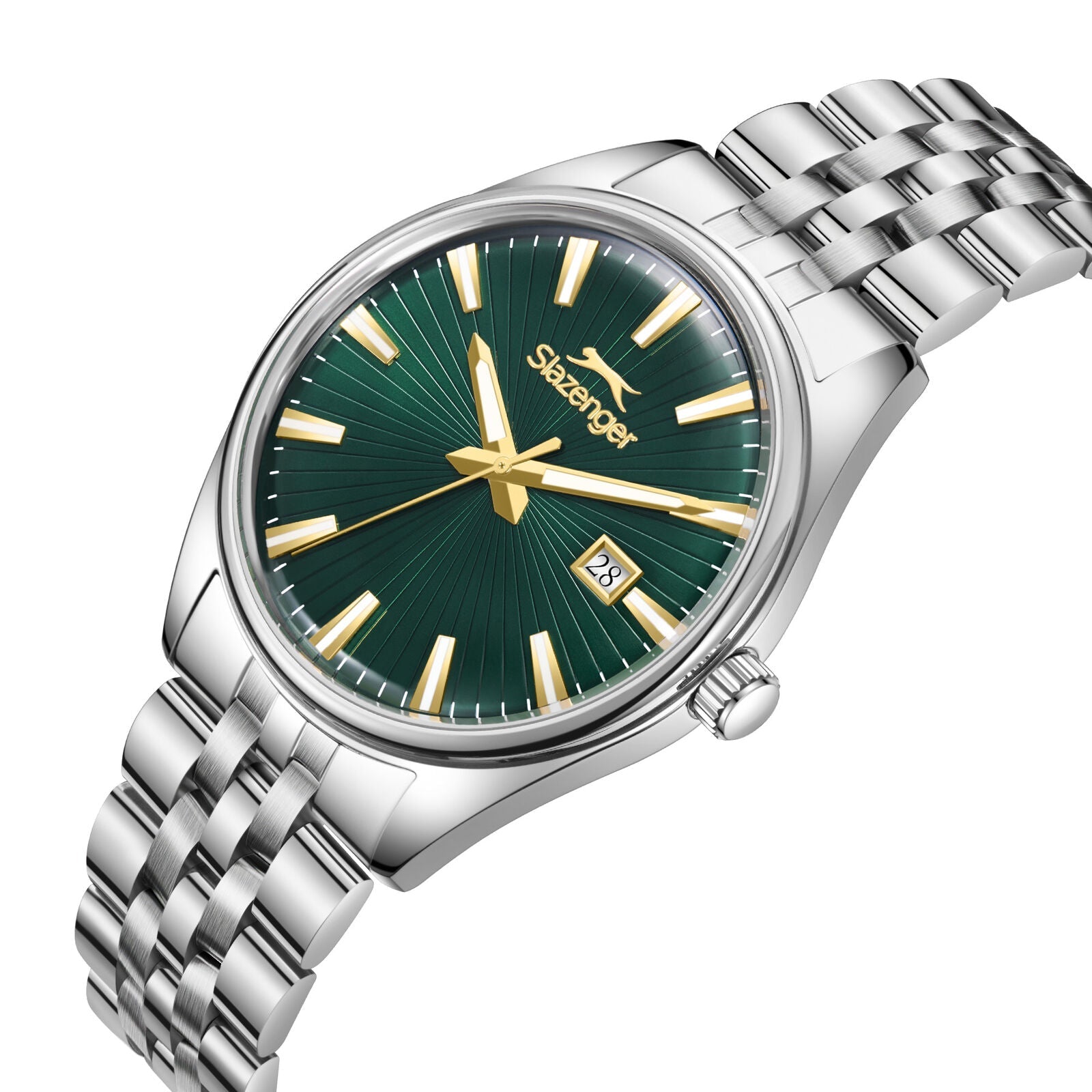 Slazenger Heritage watch angled view showing dark green dial and silver metal bracelet