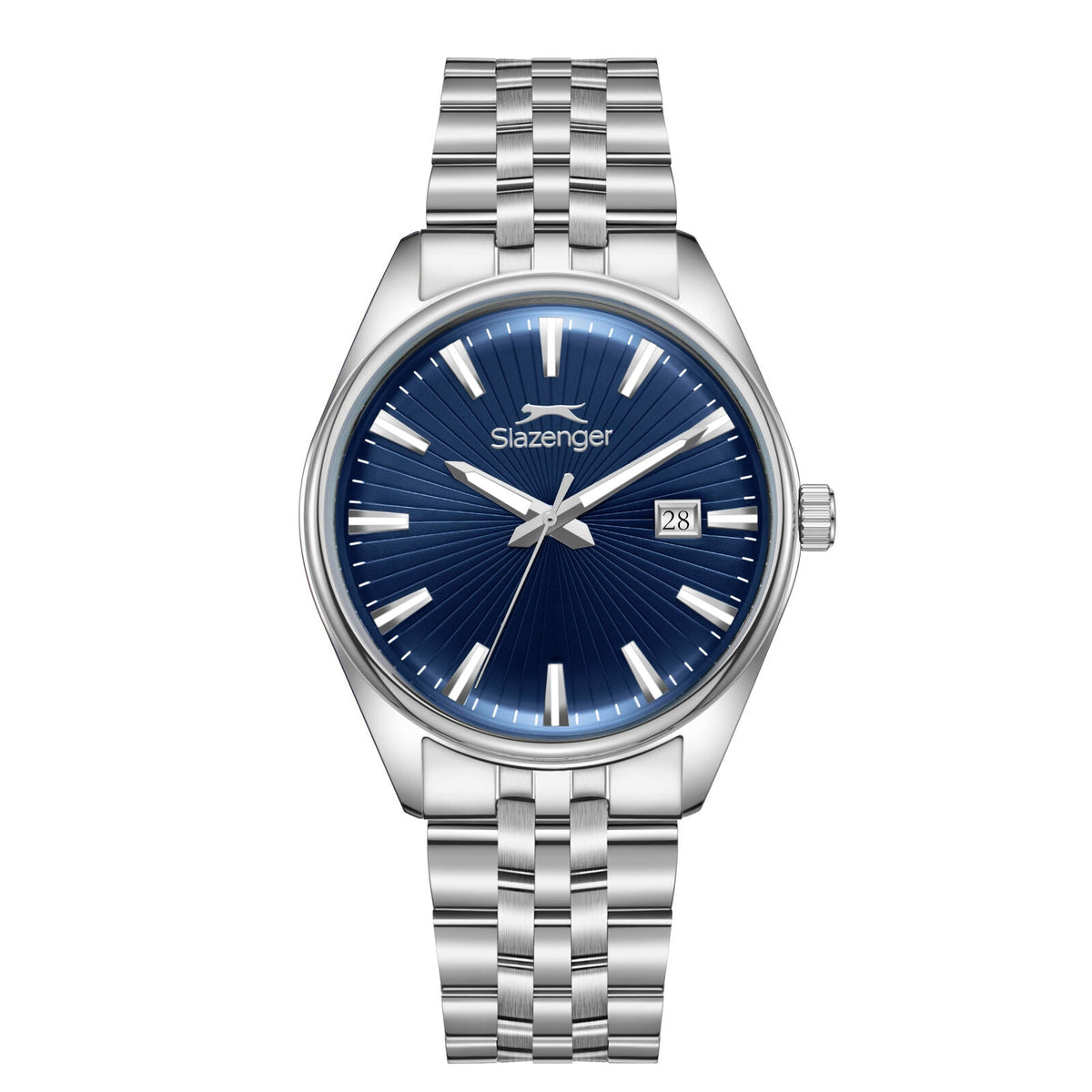 Slazenger Heritage dark blue dial watch with silver case and bracelet, date window visible