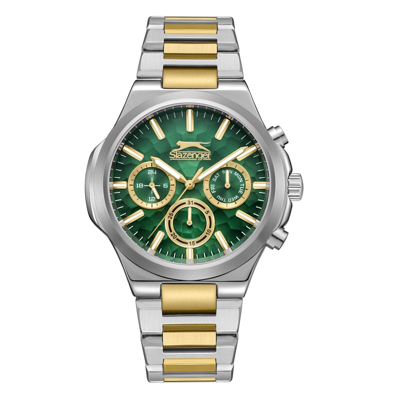 Slazenger diver multifunction watch with green dial, two-tone stainless steel case and bracelet
