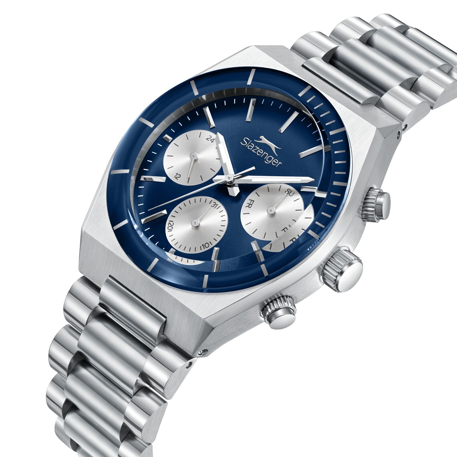Angled view of Slazenger Classic Chronograph showing deep blue dial and silver stainless steel bracelet