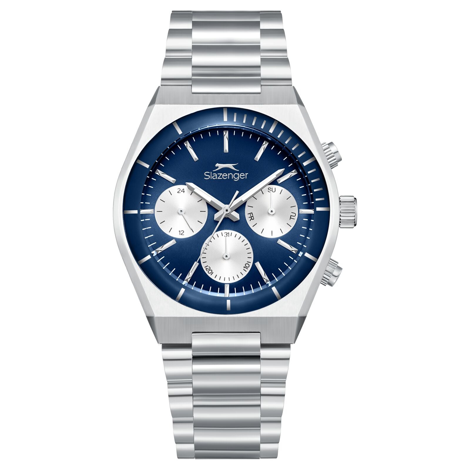 Slazenger Classic Chronograph watch with deep blue dial, silver stainless steel case and bracelet, three white subdials