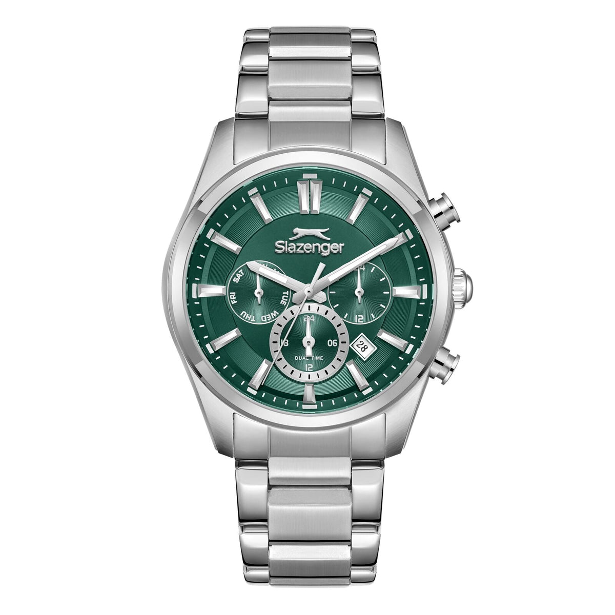 Slazenger Sport green dial multifunction chronograph watch with metallic stainless steel case and bracelet