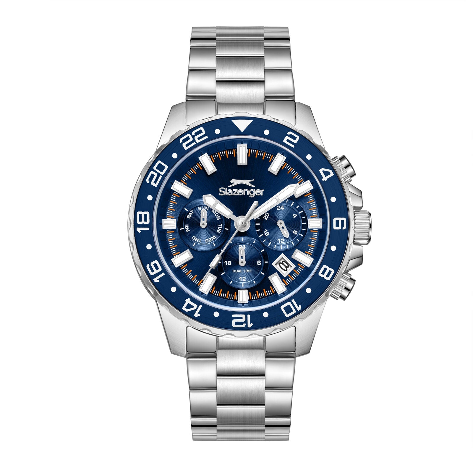 Slazenger multifunction watch with blue dial, silver case, and stainless steel bracelet