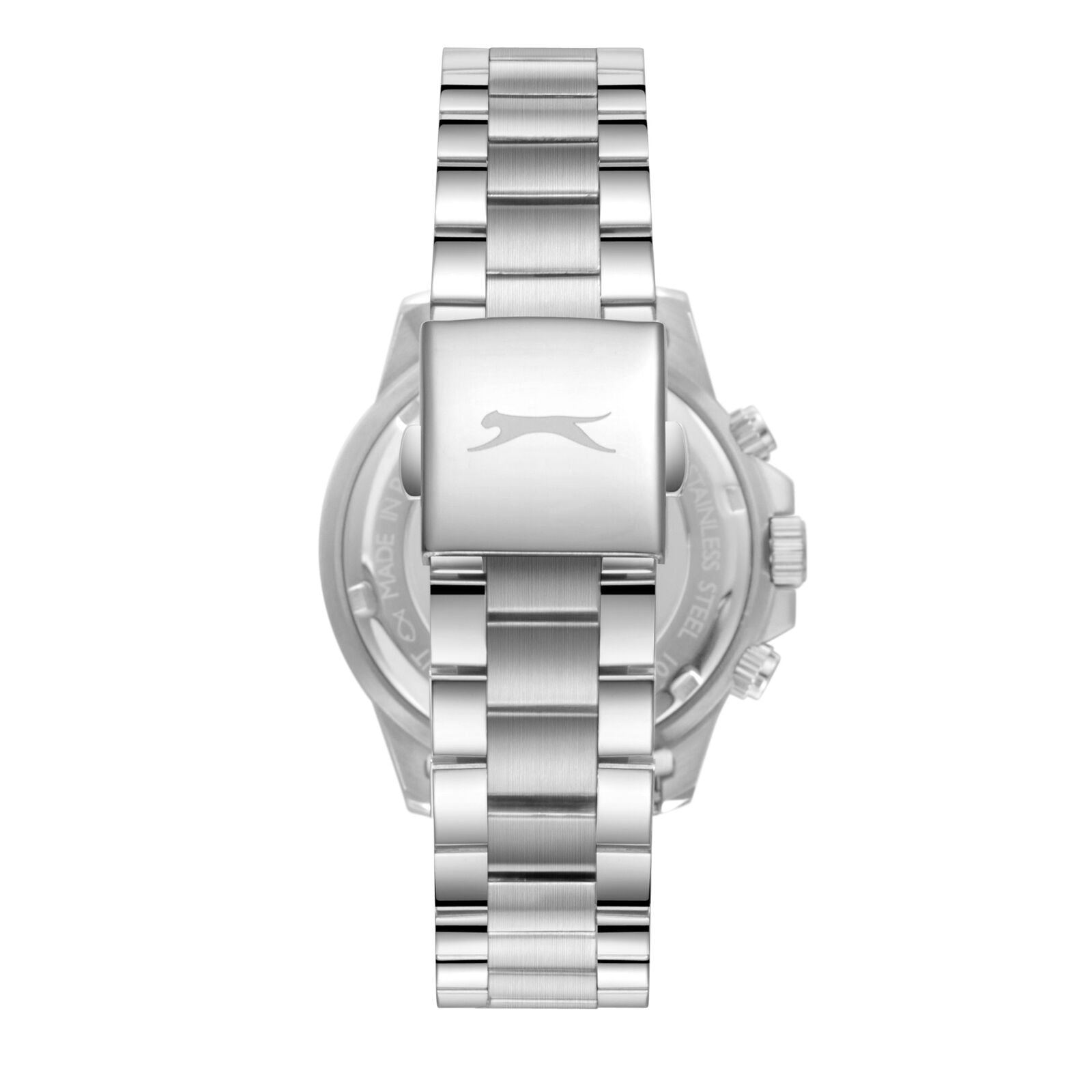 Caseback view of Slazenger watch with Slazenger logo on silver case