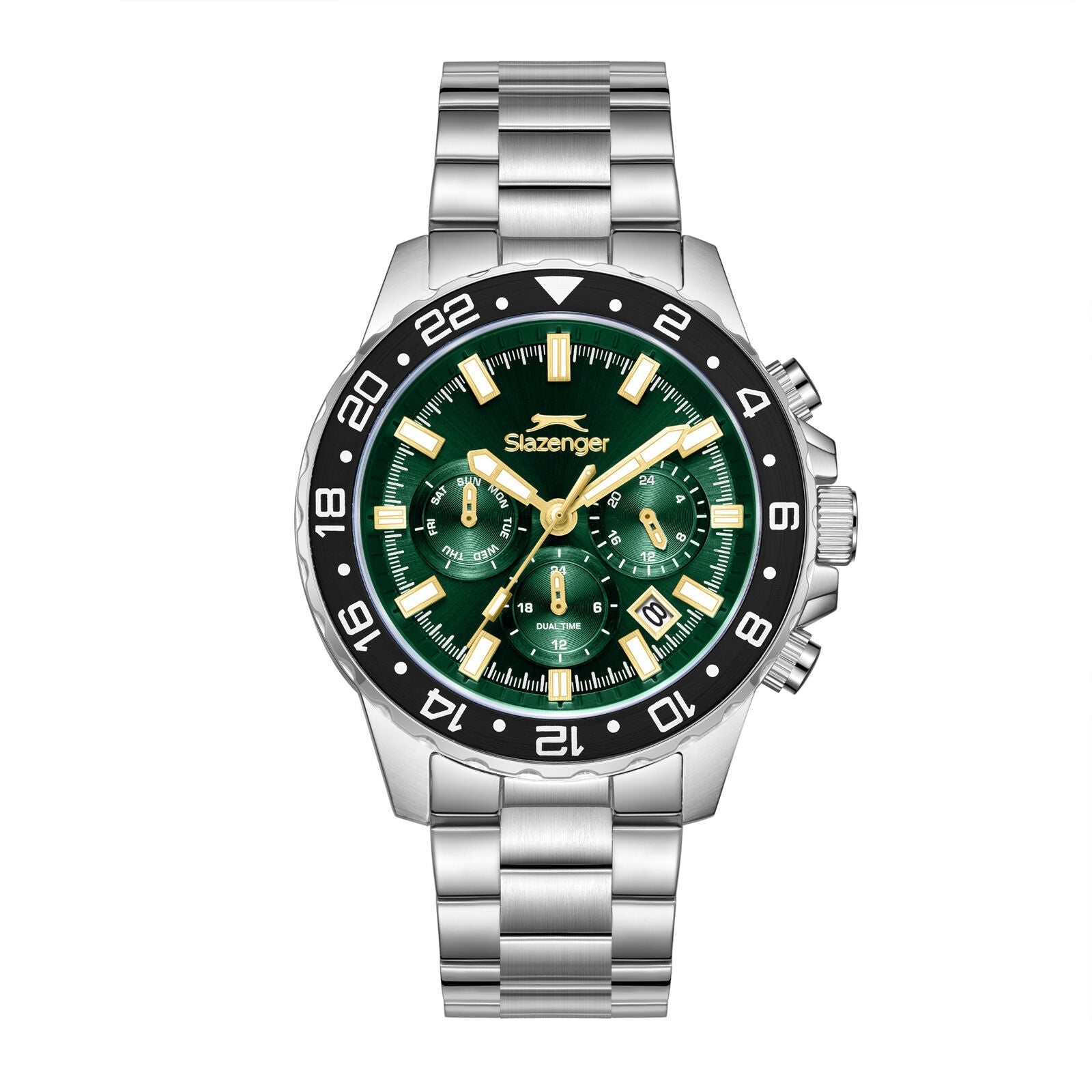 Slazenger multifunction chronograph watch with green dial, silver case, and black bezel