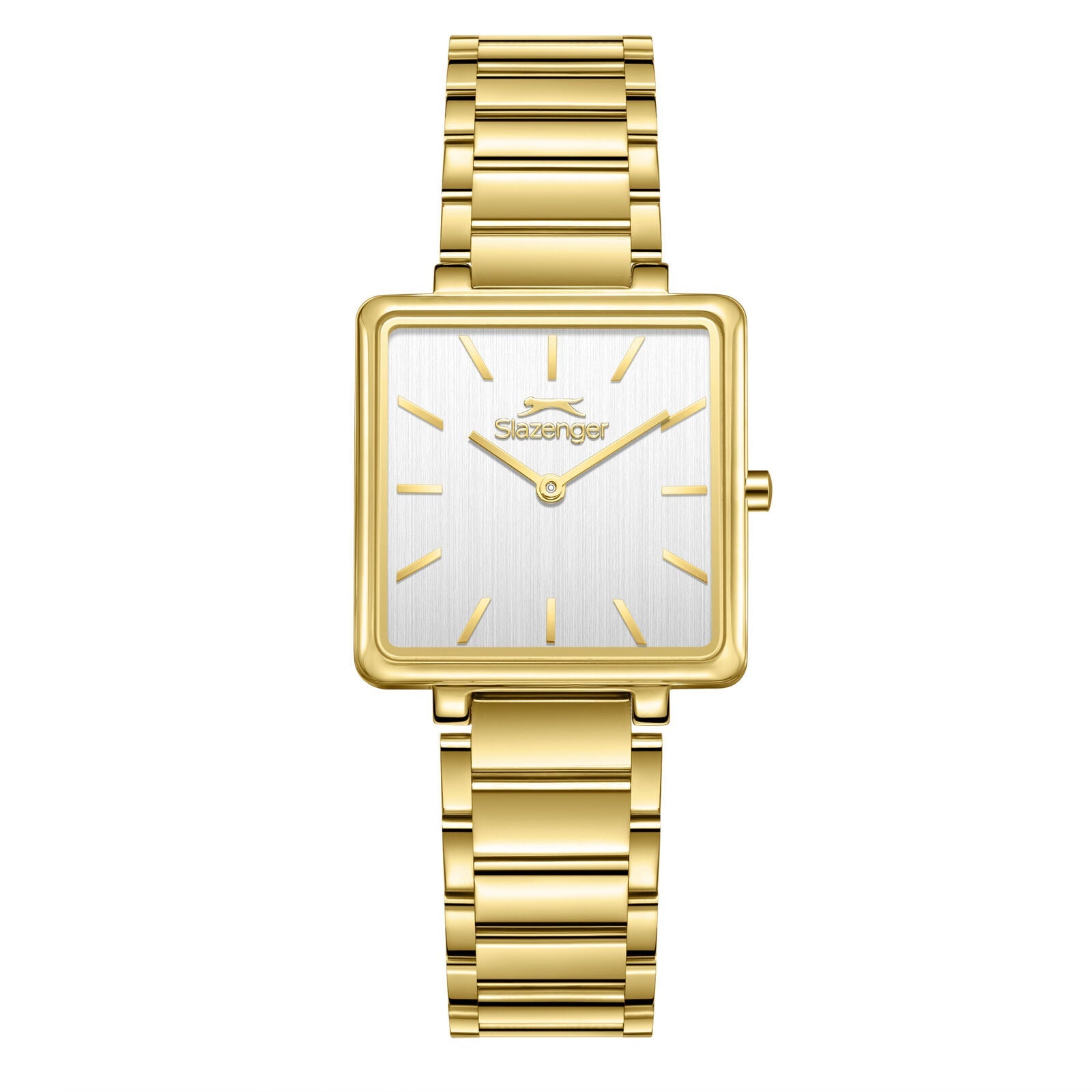 Slazenger gold square tank watch with white dial and gold bracelet strap