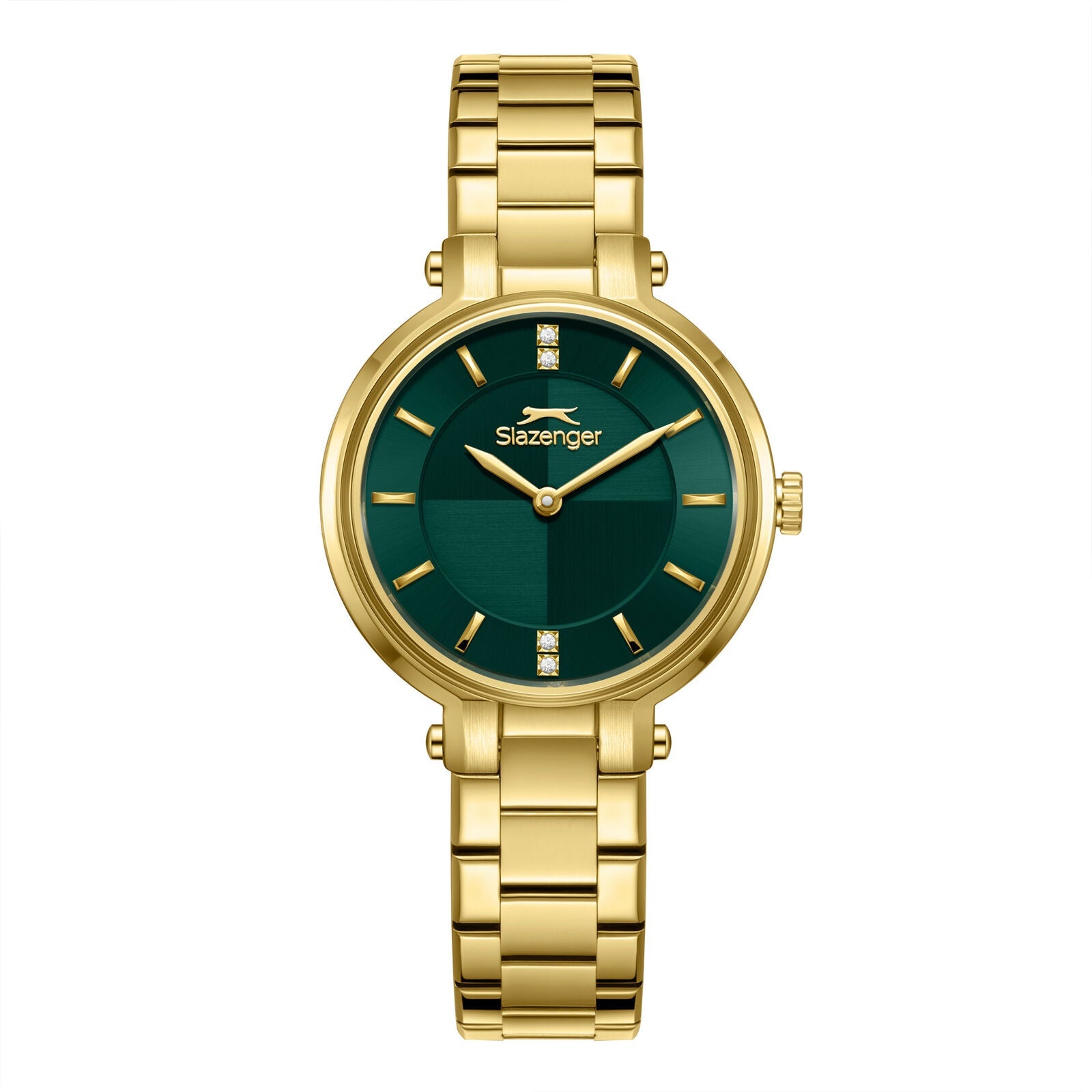 Slazenger green sunray dial gold watch with gold-tone bracelet, front view