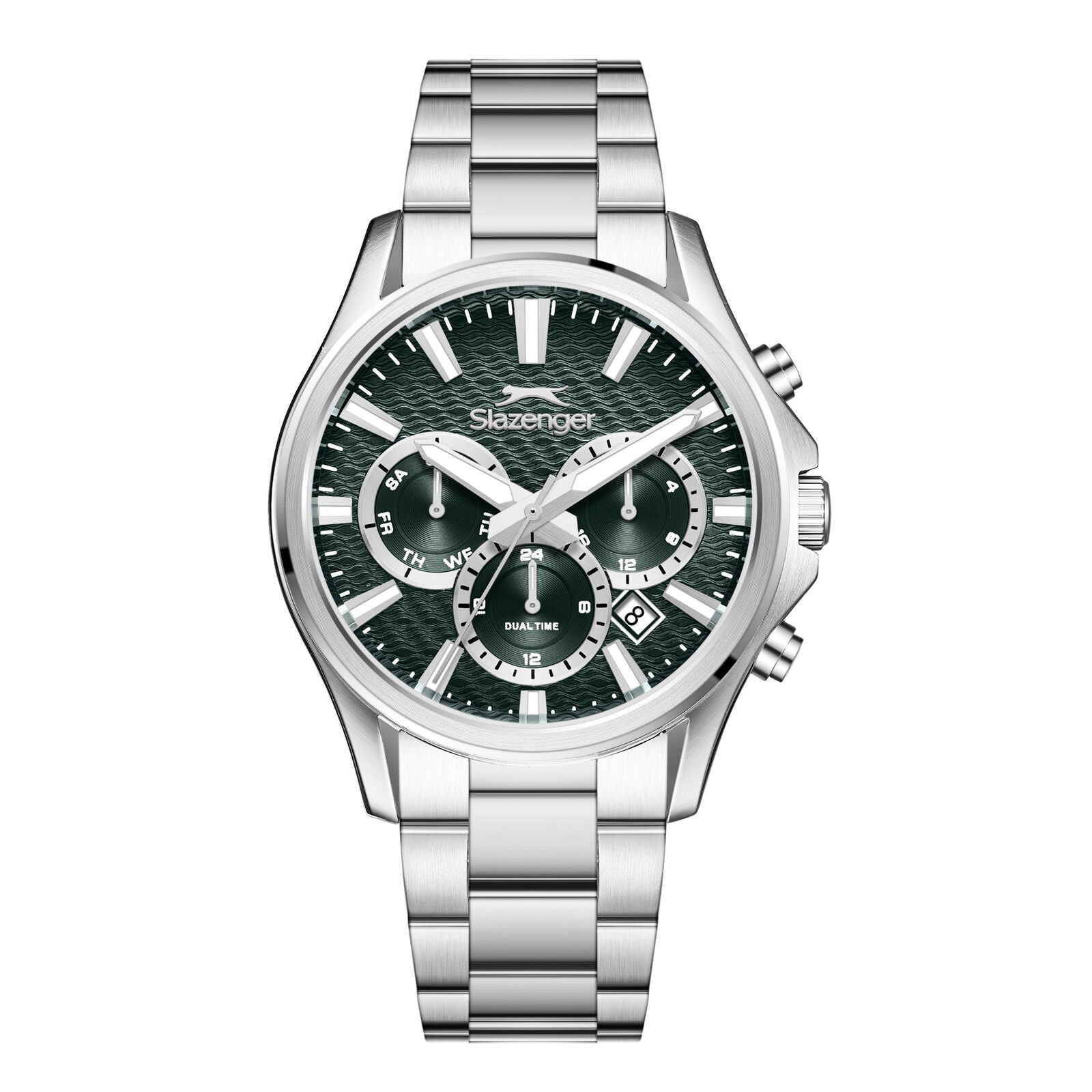 Slazenger oversized chronograph watch with emerald green dial and silver stainless steel bracelet