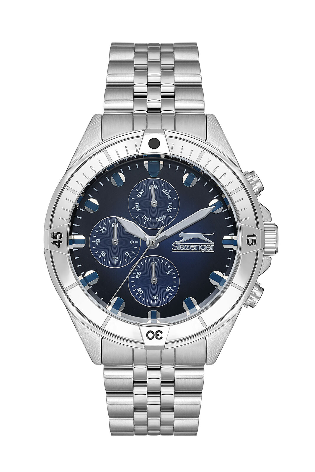 Slazenger Sport silver stainless steel multifunction watch with dark blue dial and chronograph subdials
