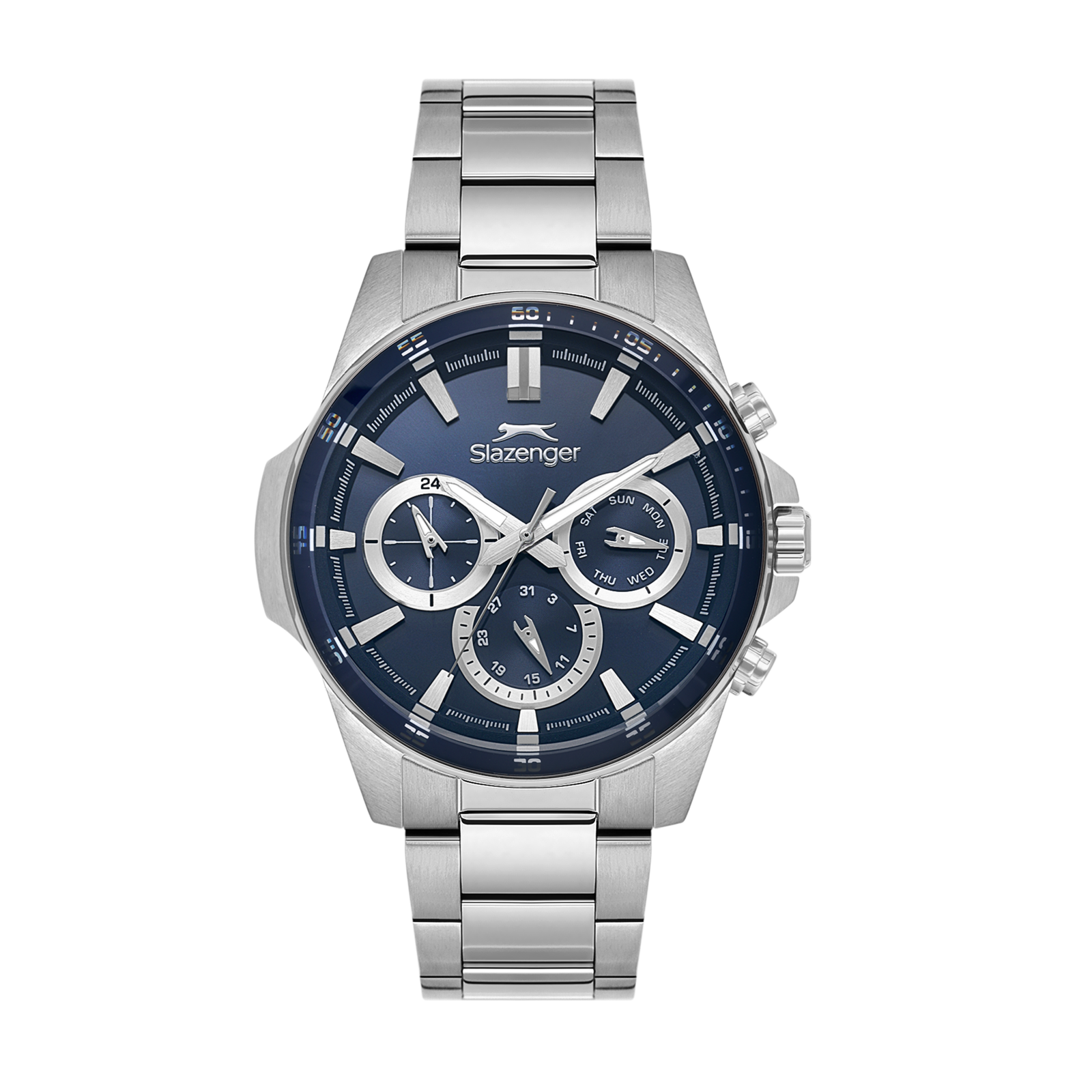 Slazenger Sporty multifunction chronograph watch with blue dial and silver steel case