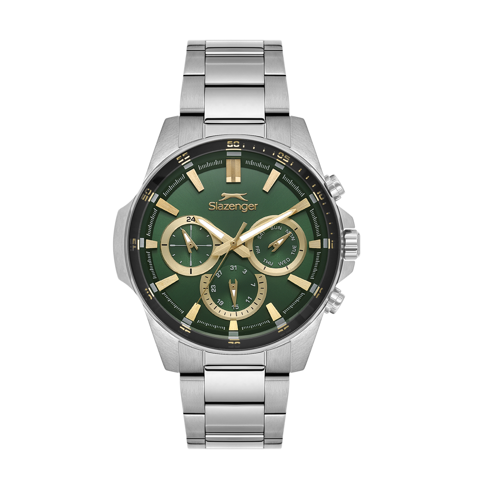 Slazenger Sporty multifunction watch with green dial, silver case and bracelet, three chronograph subdials