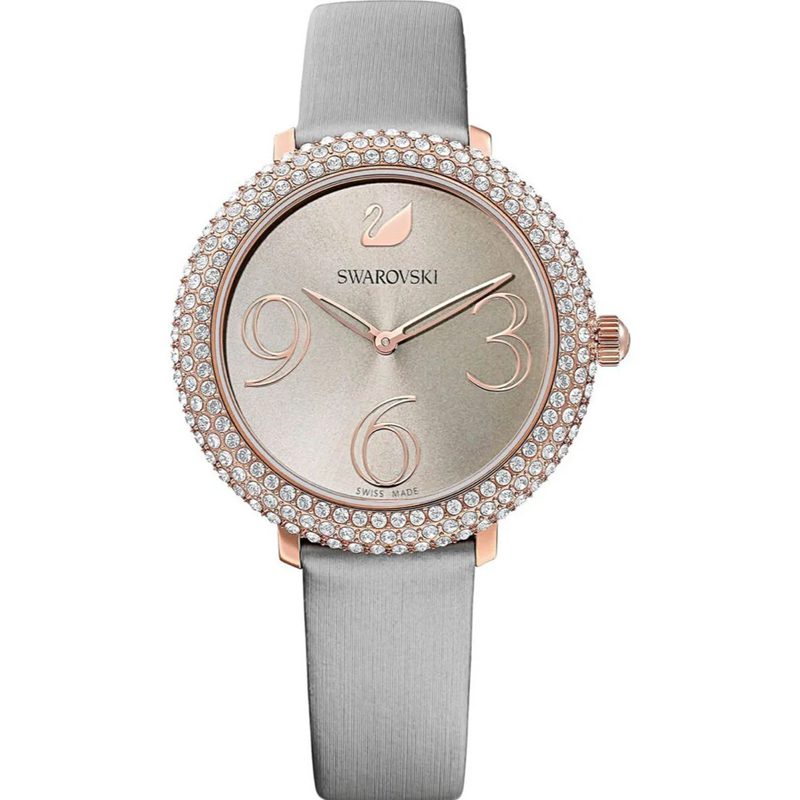 Swarovski women's watch with crystal-set bezel, grey dial, and grey leather strap
