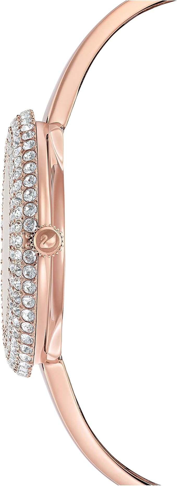 Side view of Swarovski crystal-embellished watch case with rose gold bangle strap