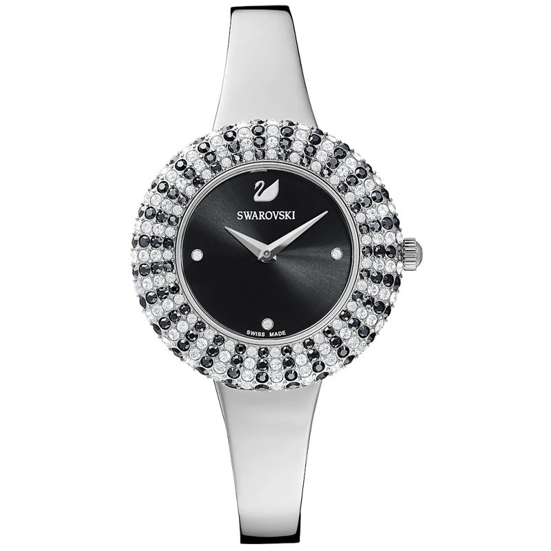 Swarovski women's watch with black dial, crystal bezel, silver steel case and strap