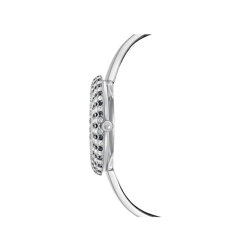 Side profile of Swarovski watch showing curved silver steel case and strap