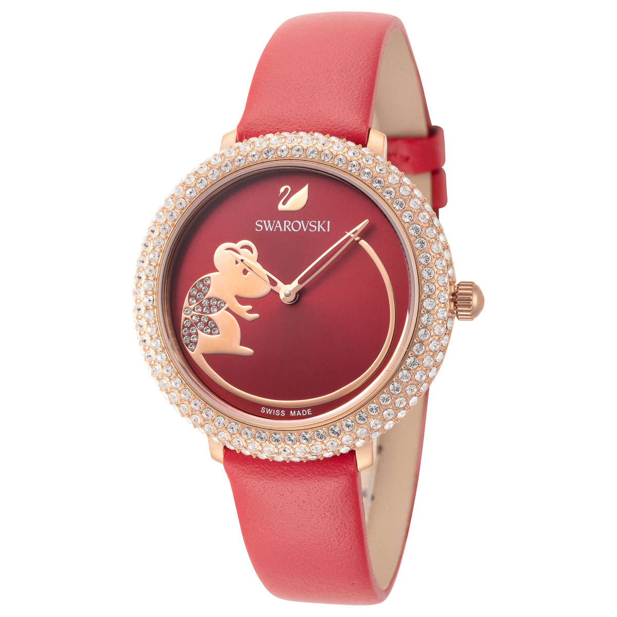 Crystal Frost watch showing angled view of red dial and rose gold case with crystal bezel