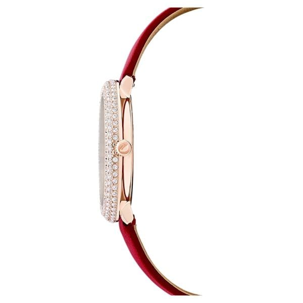 Side profile of Crystal Frost watch showing thin case and red leather strap