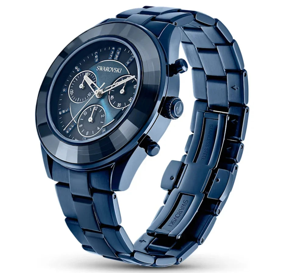 Swarovski blue metal chronograph watch shown at side angle with link bracelet