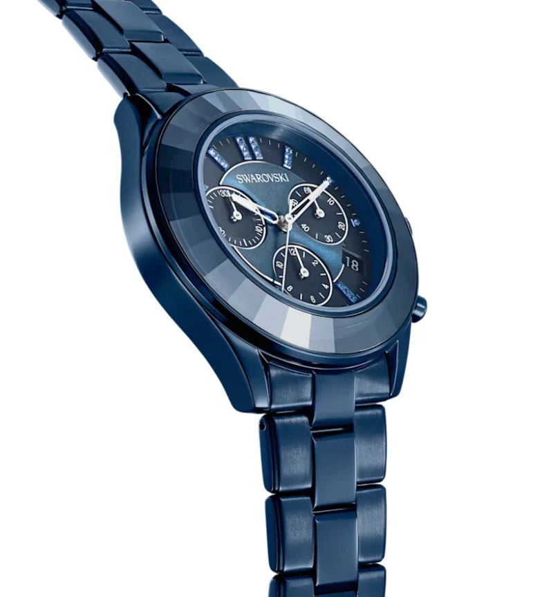 Swarovski blue chronograph watch shown from side profile with metal bracelet