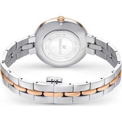 Back view of Swarovski Attract women's watch showing caseback and bicolor rose gold and silver bracelet