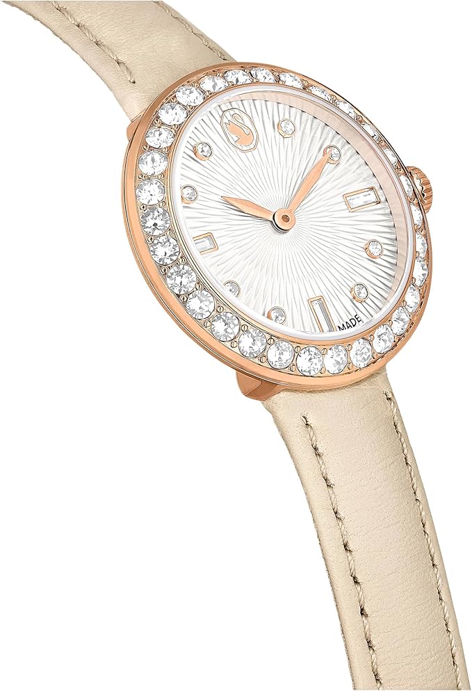 Swarovski Certa watch from side angle showing beige leather strap