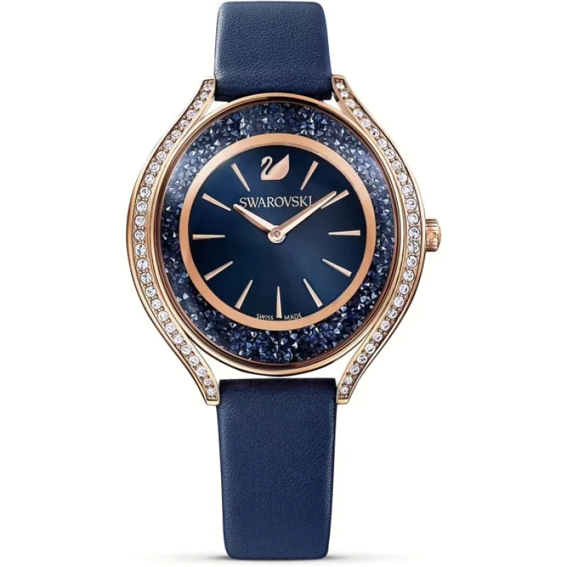 Swarovski Crystalline Aura rose gold watch with navy dial and crystal-set bezel