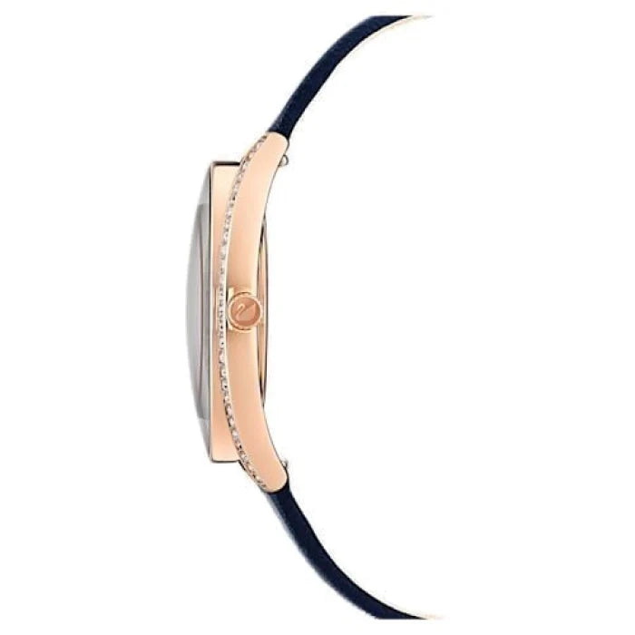Side profile of Crystalline Aura rose gold watch with navy strap