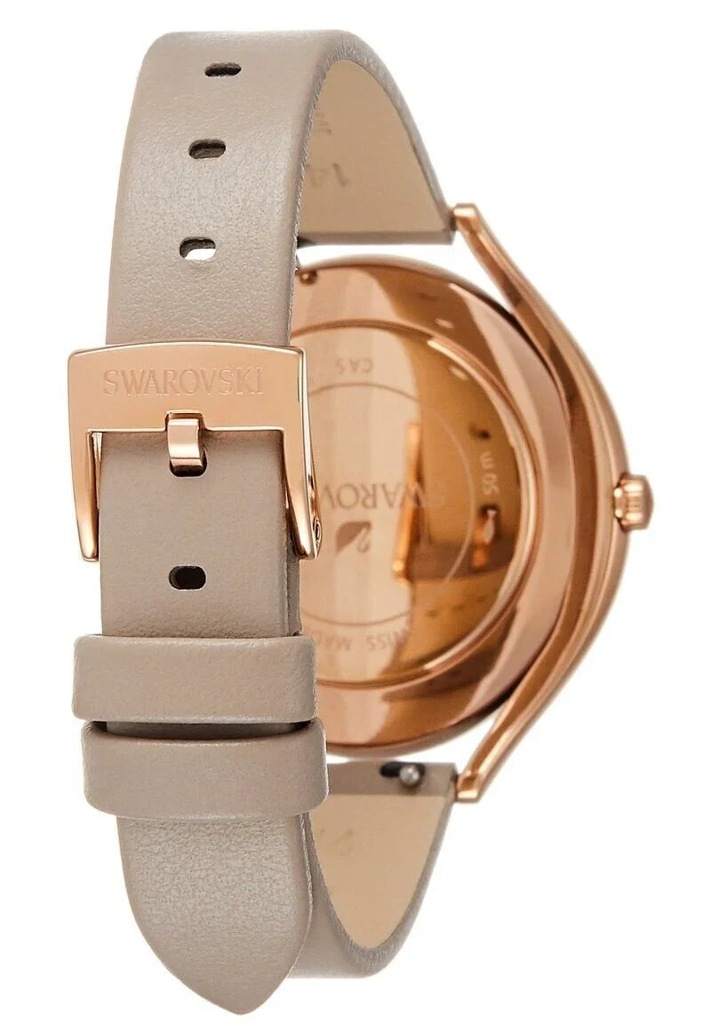 Caseback view of Swarovski Crystalline Aura watch with rose gold tone case and grey leather strap