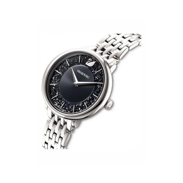Swarovski Crystalline Aura watch angled view showing silver metal bracelet and black dial