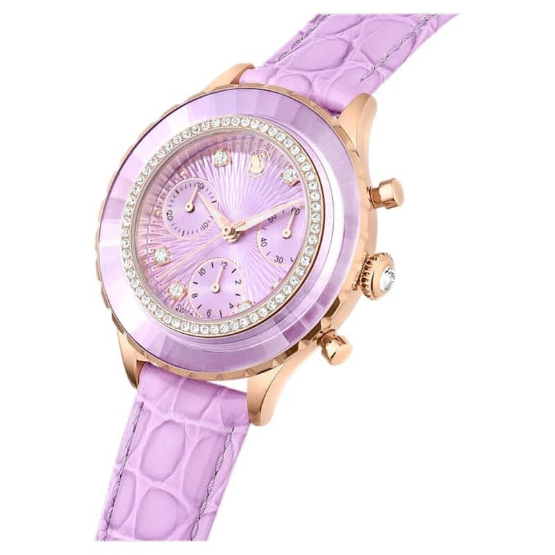 Side angle view of Crystalline Aura chronograph with purple leather strap and rose gold case