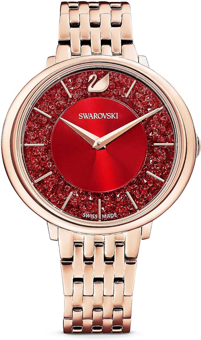 Swarovski Crystalline Chic watch with red dial, rose gold case, and metal bracelet strap