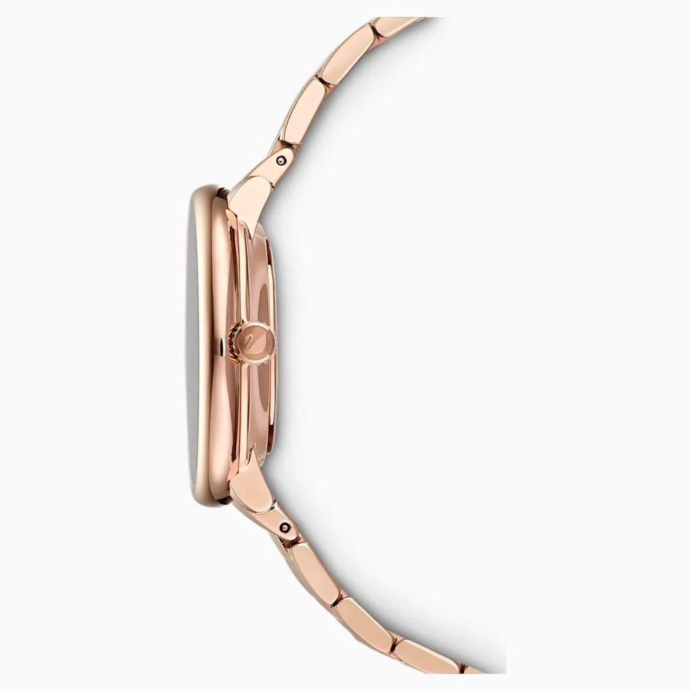 Side profile of Crystalline Chic watch displaying rose gold-tone case and bracelet thickness