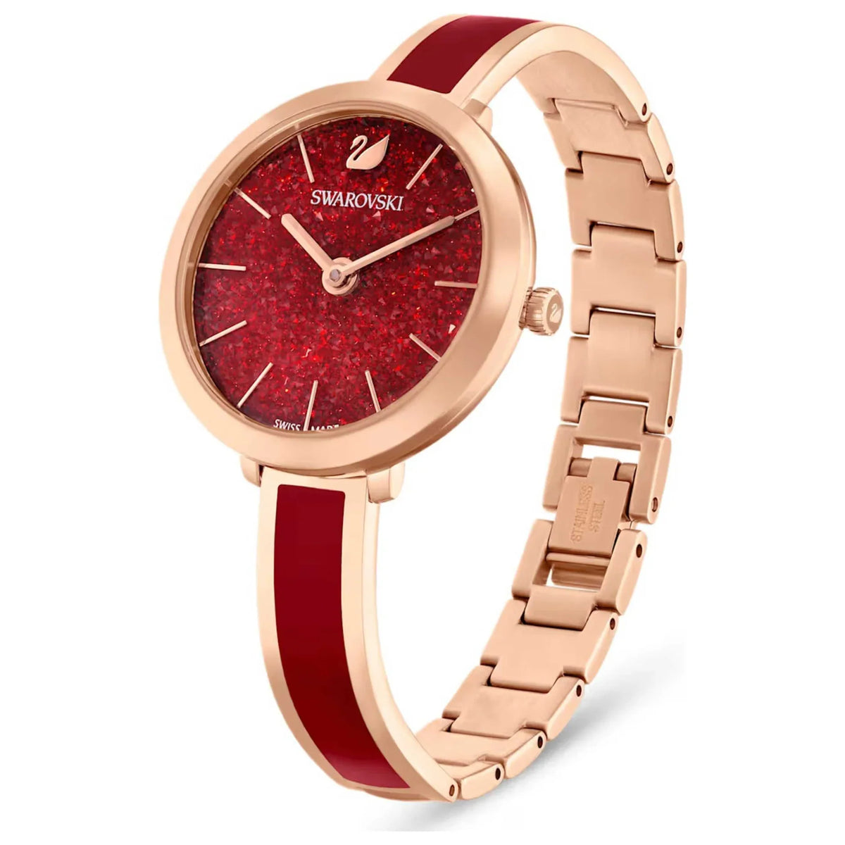 Swarovski Crystalline Delight watch angled view showing rose gold case, red dial, and metal link bracelet