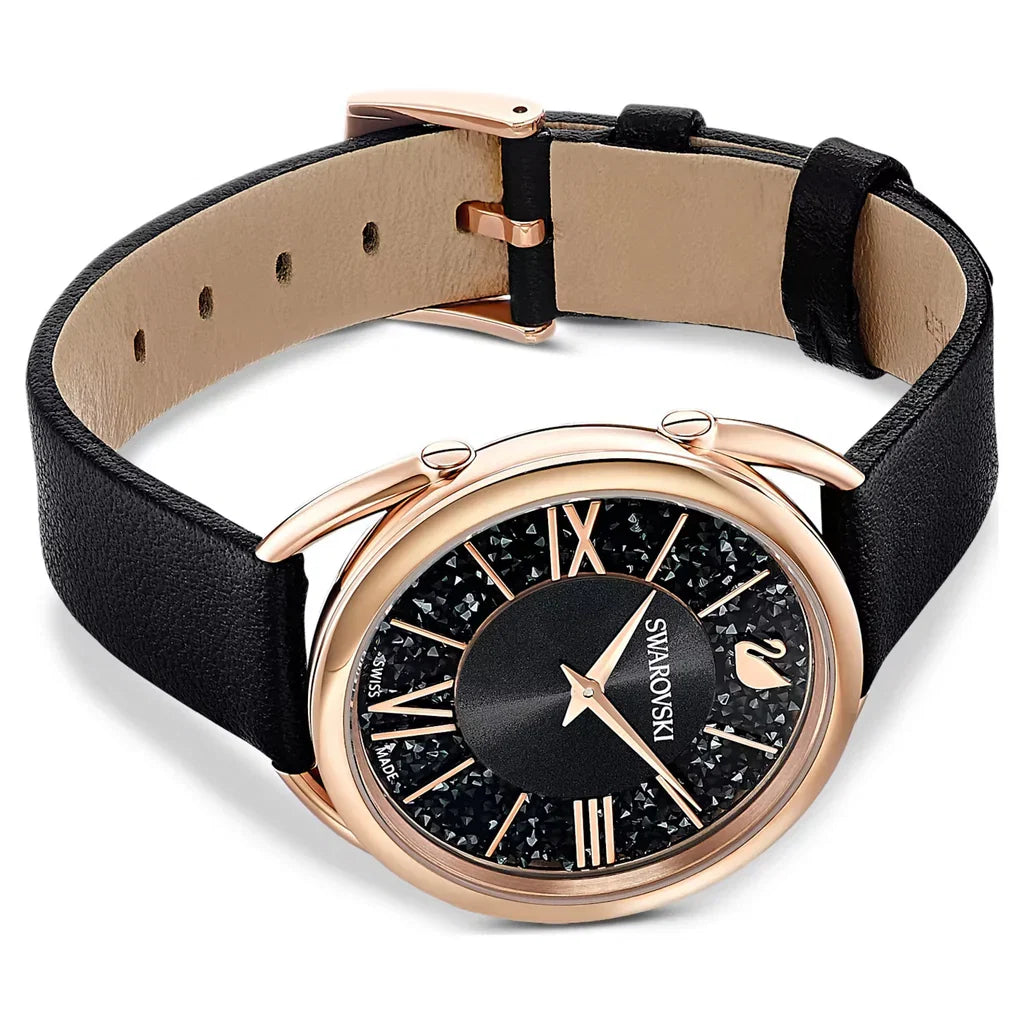 Swarovski Crystalline Glam, Leather Strap, Black, Rose Gold Tone PVD Women's Watch - 5452452