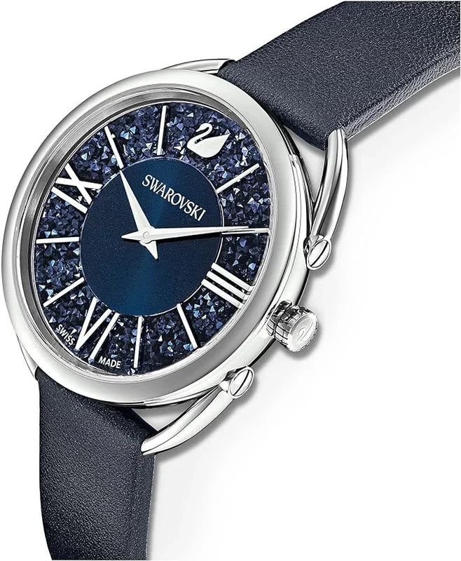 Side angle view of Swarovski Crystalline Glam watch with black leather strap