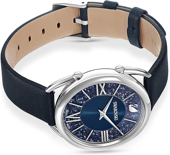 Swarovski Crystalline Glam watch with black leather strap detail showing adjustable fit