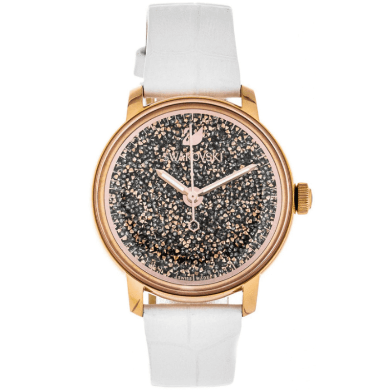 Swarovski Crystalline Hours rose gold watch with black crystal dial and white strap