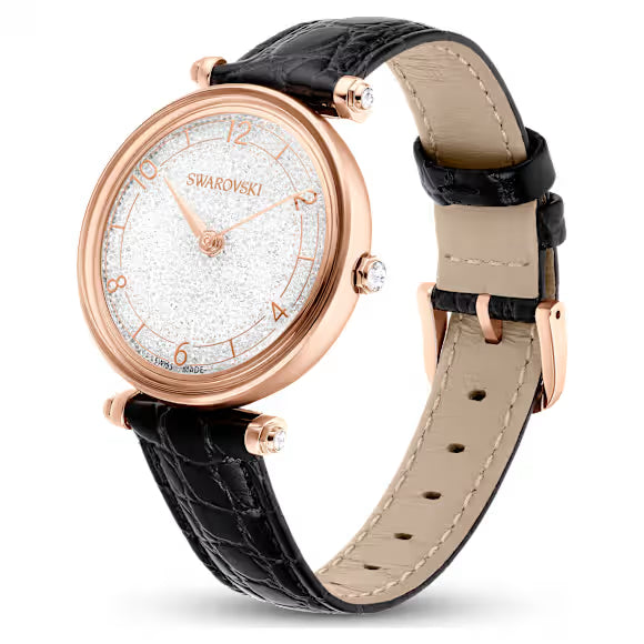 Three-quarter view showing Swarovski Crystalline Wonder watch case profile and black croc leather strap