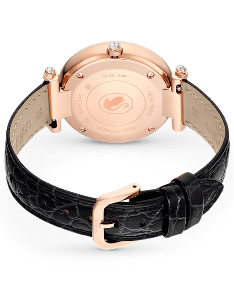 Caseback view of Swarovski Crystalline Wonder watch showing rose gold case and crystal details