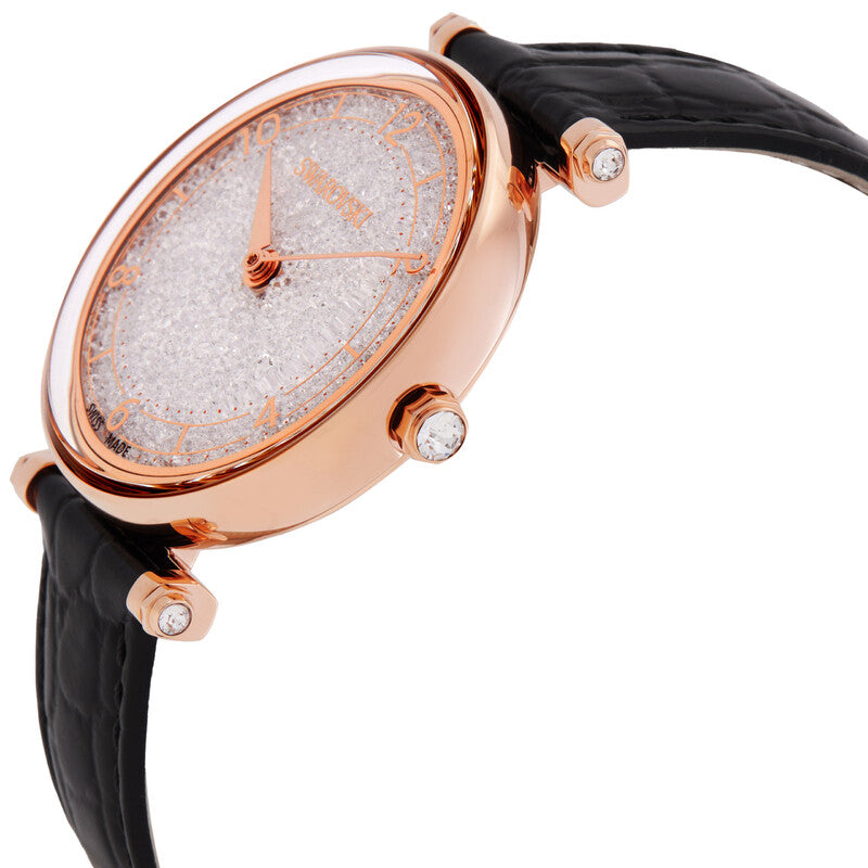 Side profile of Swarovski Crystalline Wonder watch with rose gold lugs and crystal crown details