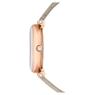 Side profile of Swarovski Crystalline Wonder watch showing case thickness and beige leather strap